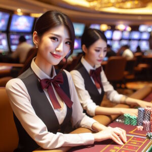 Female casino dealer working and smiling